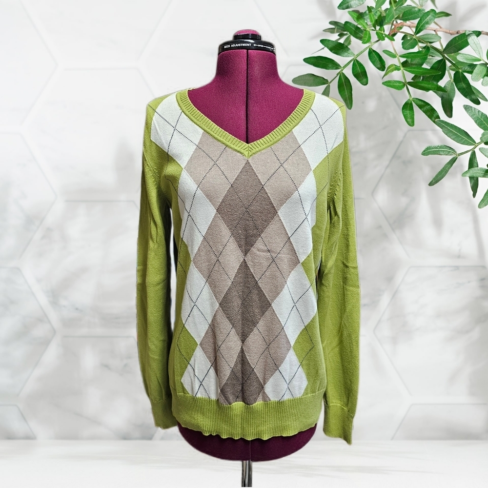 St. John's Bay V-Neck Sweater - Green and Brown Argyle Cotton Blend